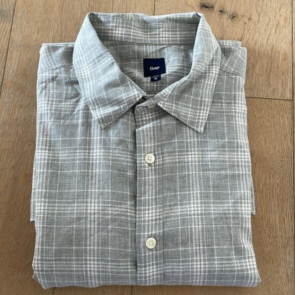 Gap Mens XL Tall Grey White Plaid Long Sleeve Button Down Shirt Business Casual